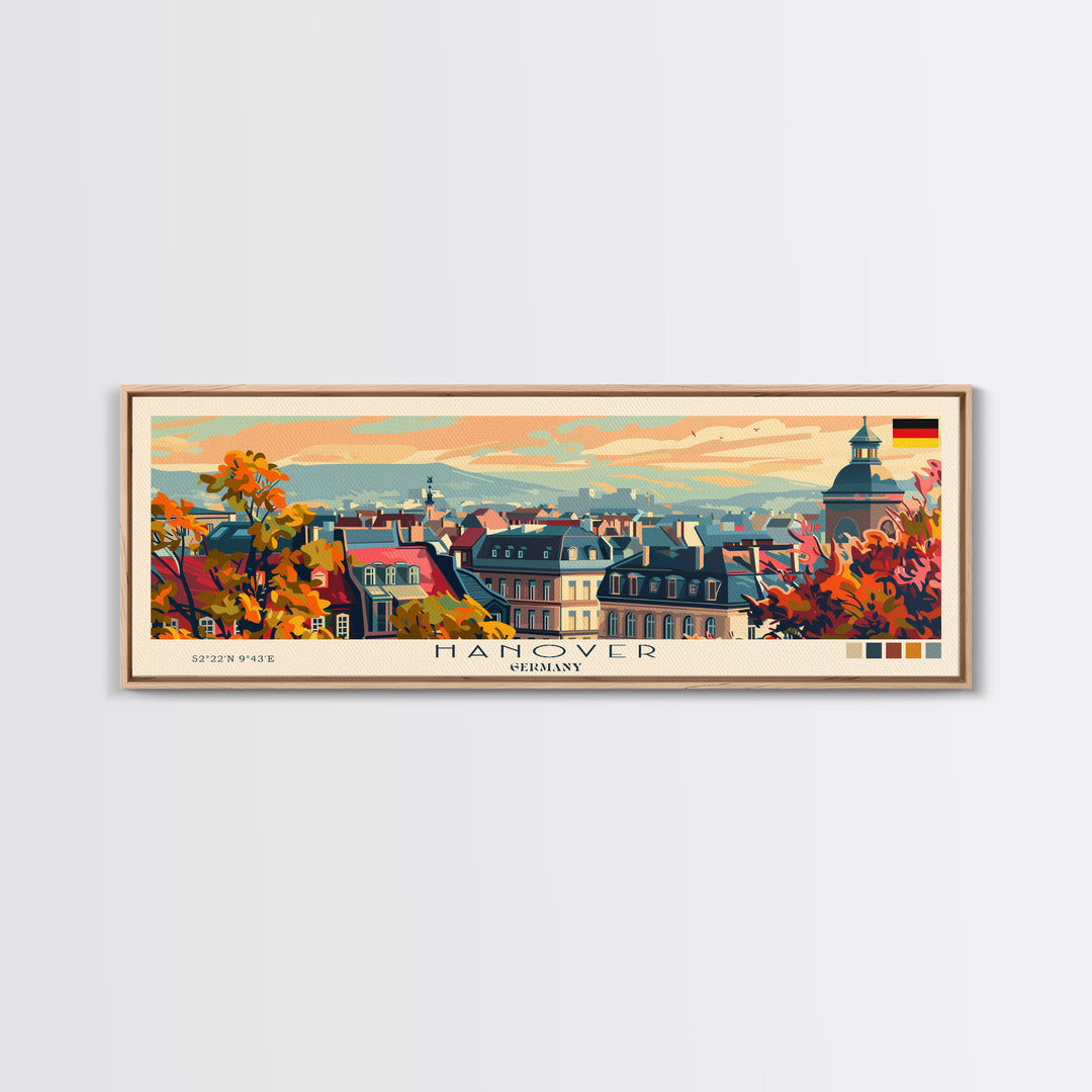 Hanover Germany Panoramic Travel Poster, Framed Canvas Print or Metal Wall Art, Travel Art, Home Decor, Panoramic Painting, Midcentury Art