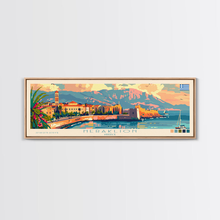 Heraklion Greece Panoramic Travel Poster, Framed Canvas Print or Metal Wall Art, Travel Art, Home Decor, Panoramic Painting, Midcentury Art