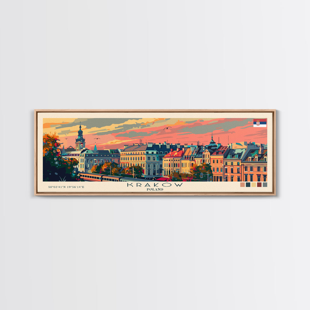 Krakow Poland Travel Art, City Art, Framed Canvas Print or Metal Wall Art, Europe Travel Poster, Panoramic Wall Art, Extra Wide Wall Art