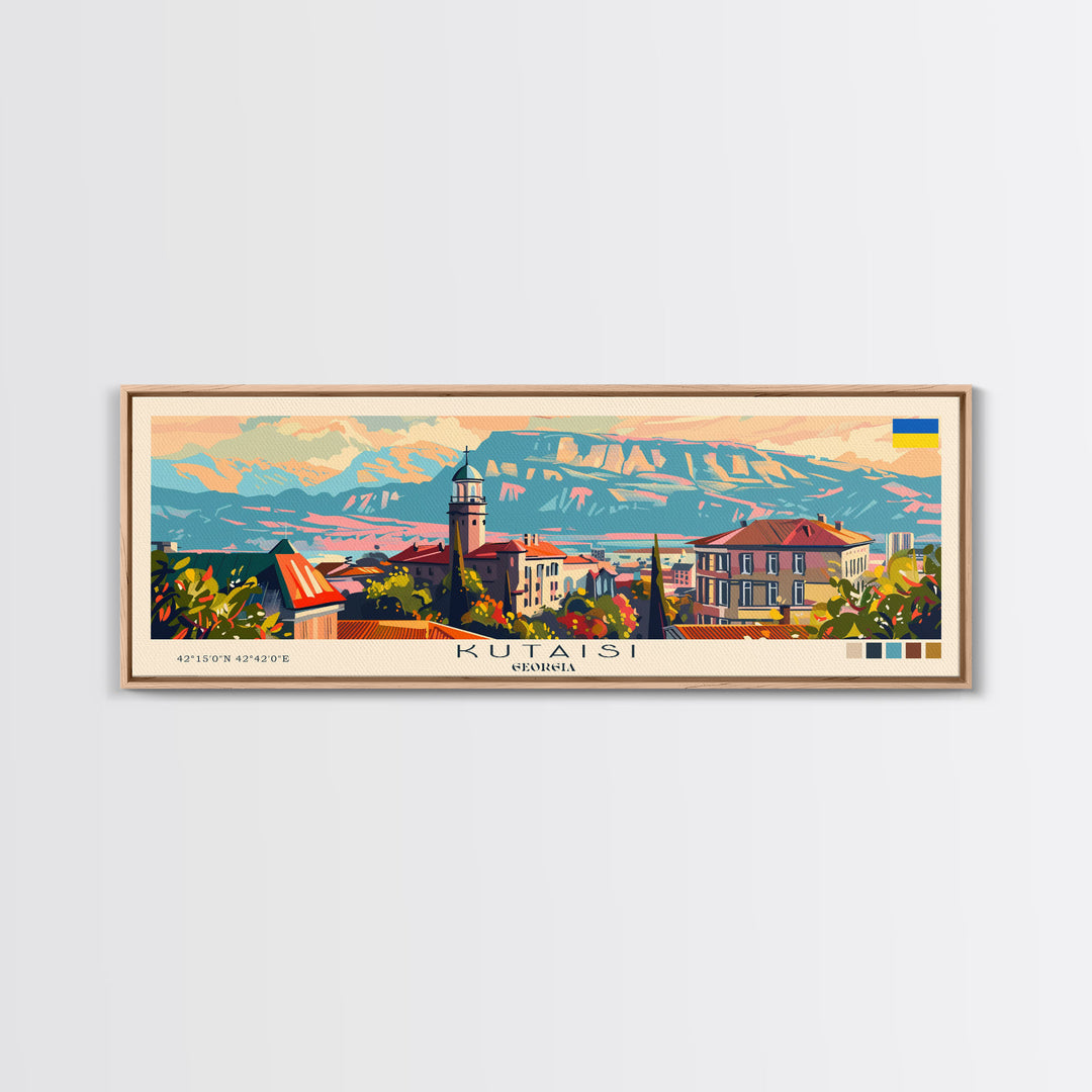 Kutaisi Georgia Panoramic Travel Poster, Framed Canvas Print or Metal Wall Art, Travel Art, Home Decor, Panoramic Painting, Midcentury Art