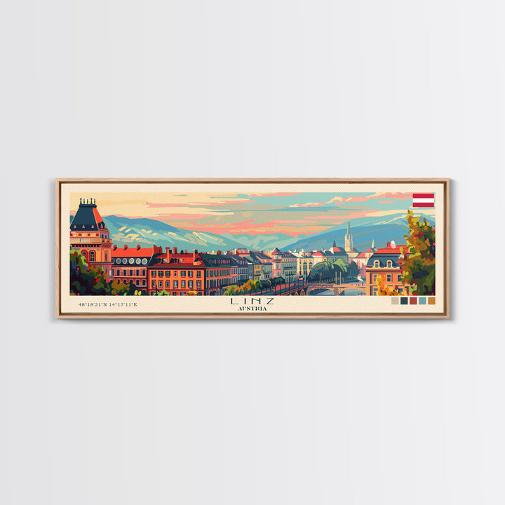 Linz Austria Panoramic Travel Poster, Framed Canvas Print or Metal Wall Art, Travel Art, Home Decor, Panoramic Painting, Midcentury Art