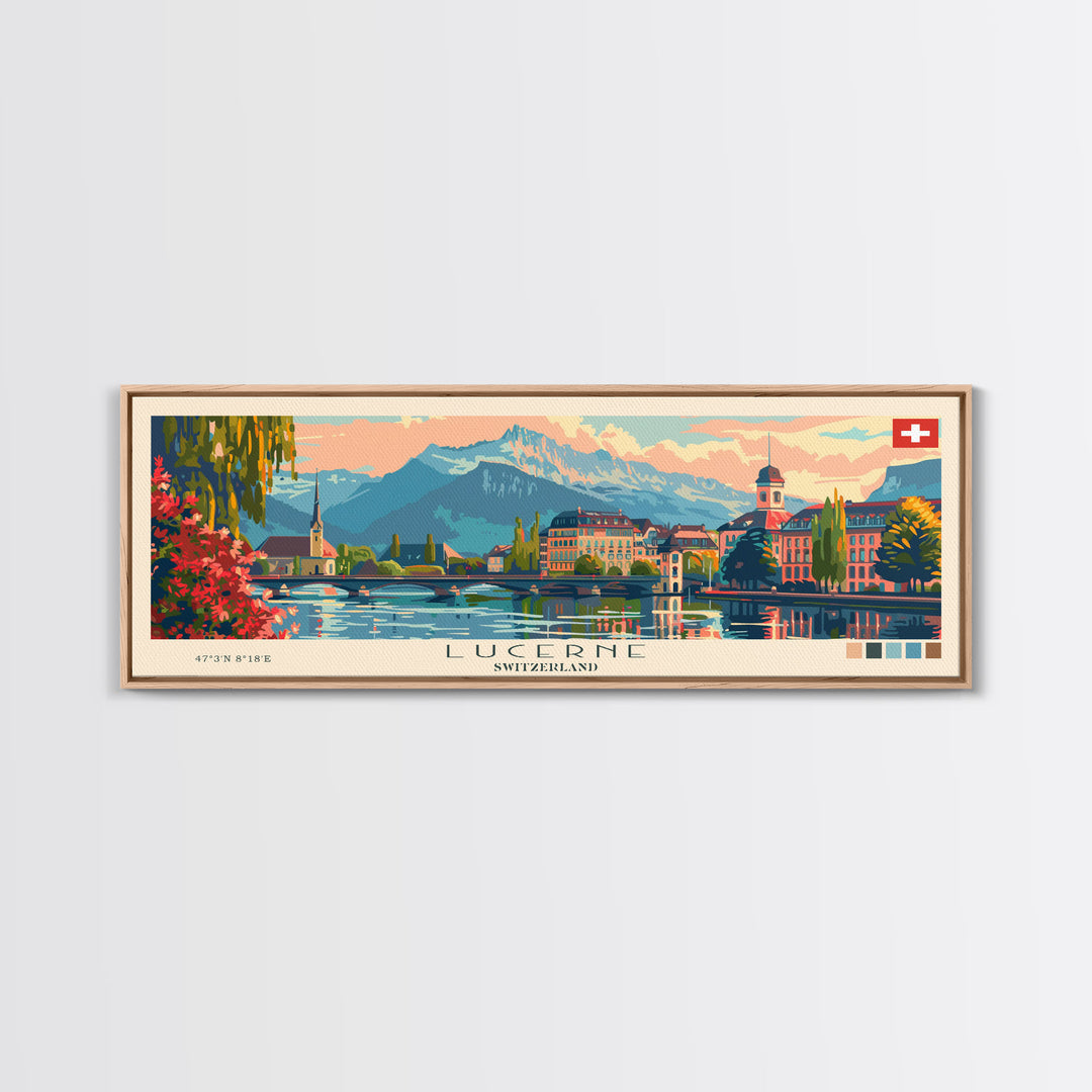 Lucerne Switzerland Travel Art, City Art, Framed Canvas Print or Metal Wall Art, Europe Travel Poster, Panoramic Wall Art, Extra Wide Wall Art