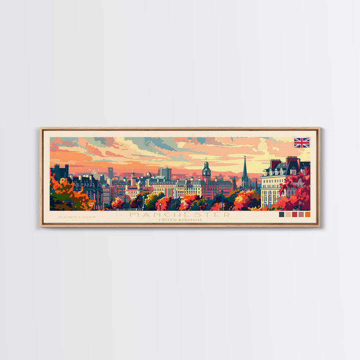 Manchester United Kingdom Panoramic Travel Poster, Framed Canvas Print or Metal Wall Art, Travel Art, Home Decor, Panoramic Painting, Midcentury Art