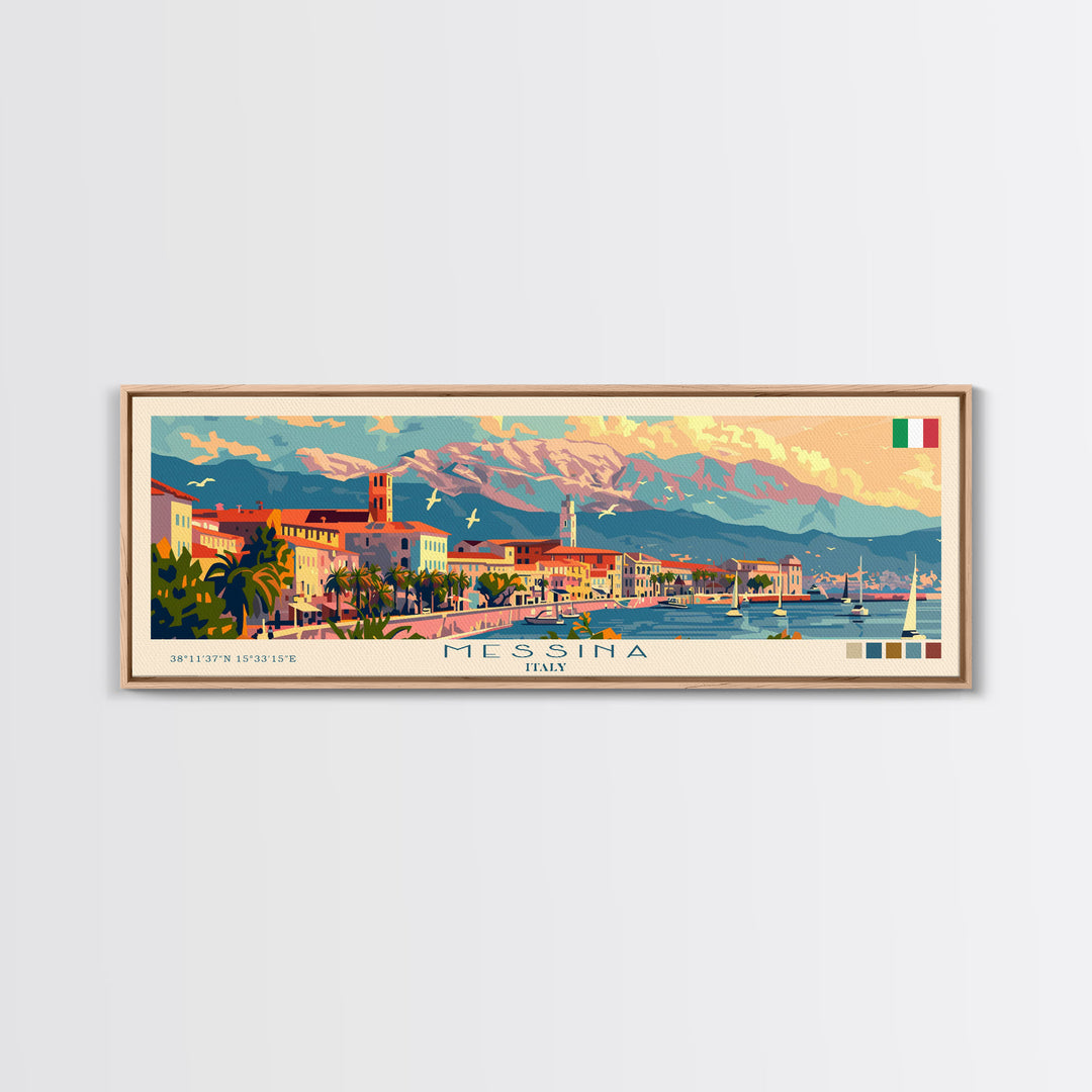 Messina Italy Travel Print Wall Art, Panoramic City Art, Travel Art, Wall Decor, Vacation Gift, Framed Canvas Print Or Metal Art