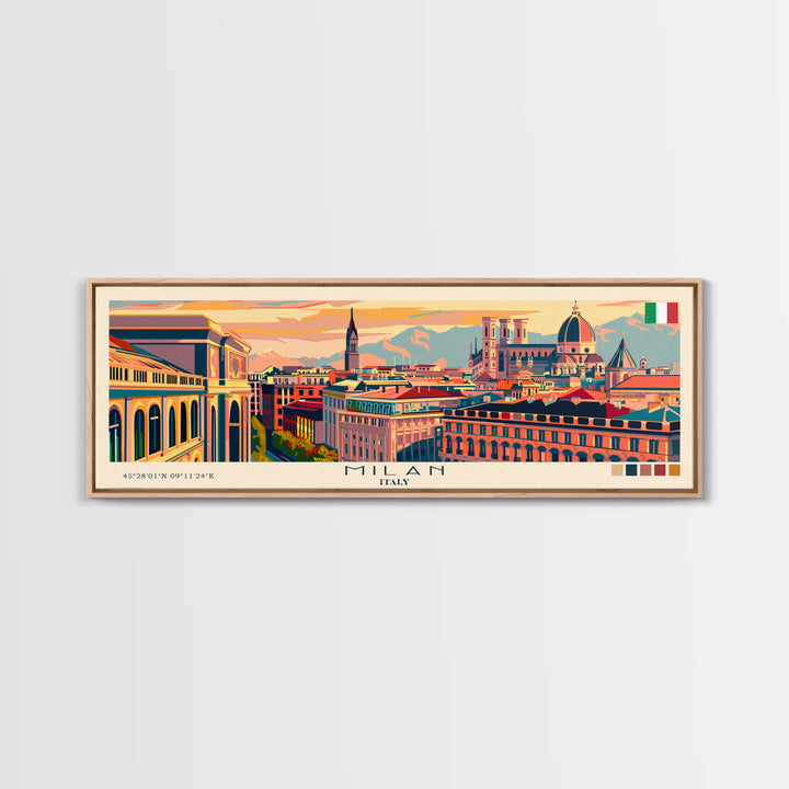 Milan Italy Panoramic Travel Poster, Framed Canvas Print or Metal Wall Art, Travel Art, Home Decor, Panoramic Painting, Midcentury Art