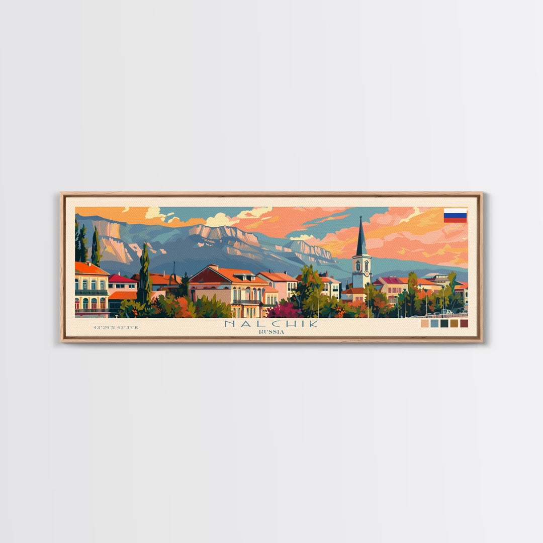 Nalchik Russia Panoramic Travel Poster, Framed Canvas Print or Metal Wall Art, Travel Art, Home Decor, Panoramic Painting, Midcentury Art