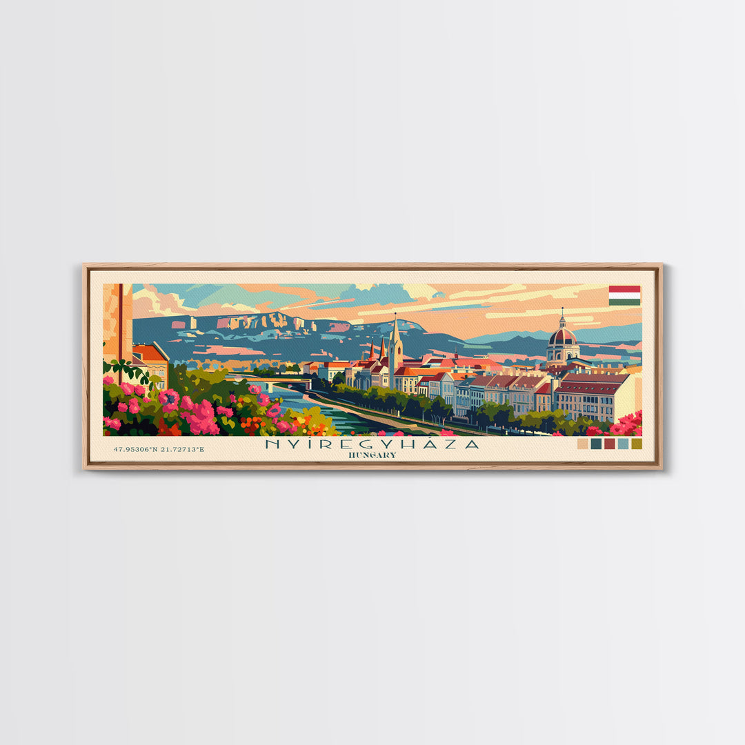 Nyiregyhaza Hungary Panoramic Travel Poster, Framed Canvas Print or Metal Wall Art, Travel Art, Home Decor, Panoramic Painting, Midcentury Art