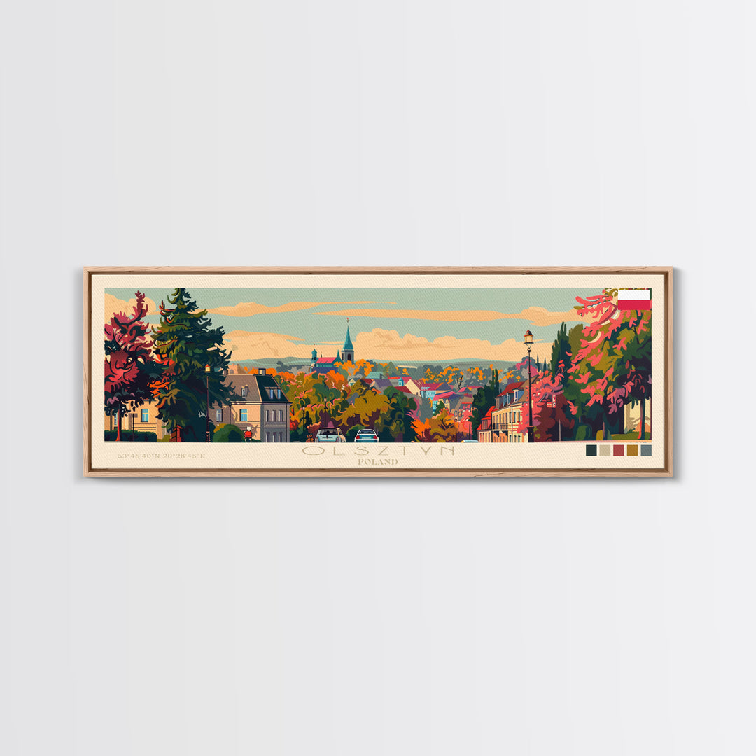 Olsztyn Poland Panoramic Travel Poster, Framed Canvas Print or Metal Wall Art, Travel Art, Home Decor, Panoramic Painting, Midcentury Art