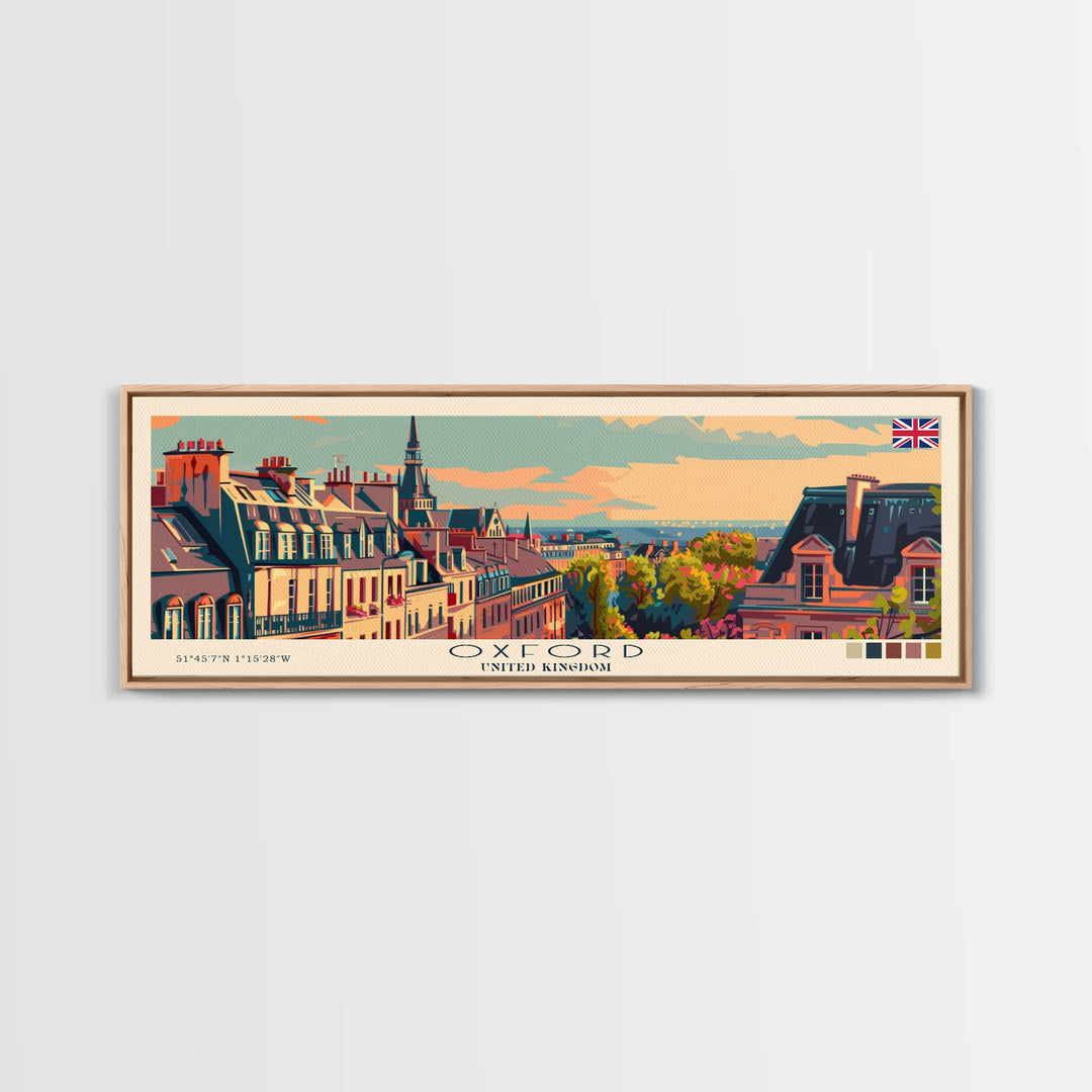 Oxford United Kingdom Panoramic Travel Poster, Framed Canvas Print or Metal Wall Art, Travel Art, Home Decor, Panoramic Painting, Midcentury Art