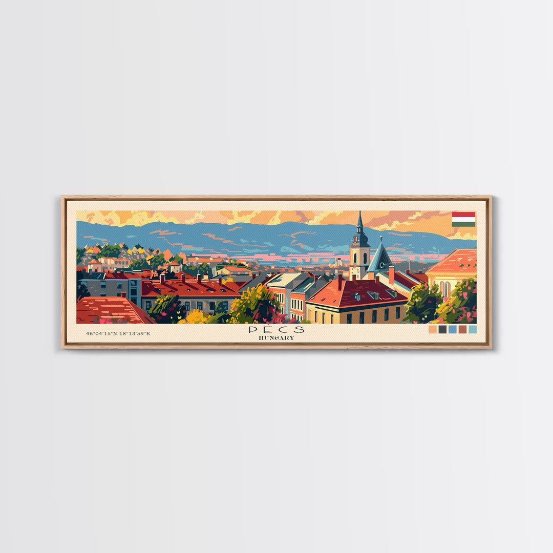 Pécs Hungary Panoramic Travel Poster, Framed Canvas Print or Metal Wall Art, Travel Art, Home Decor, Panoramic Painting, Midcentury Art