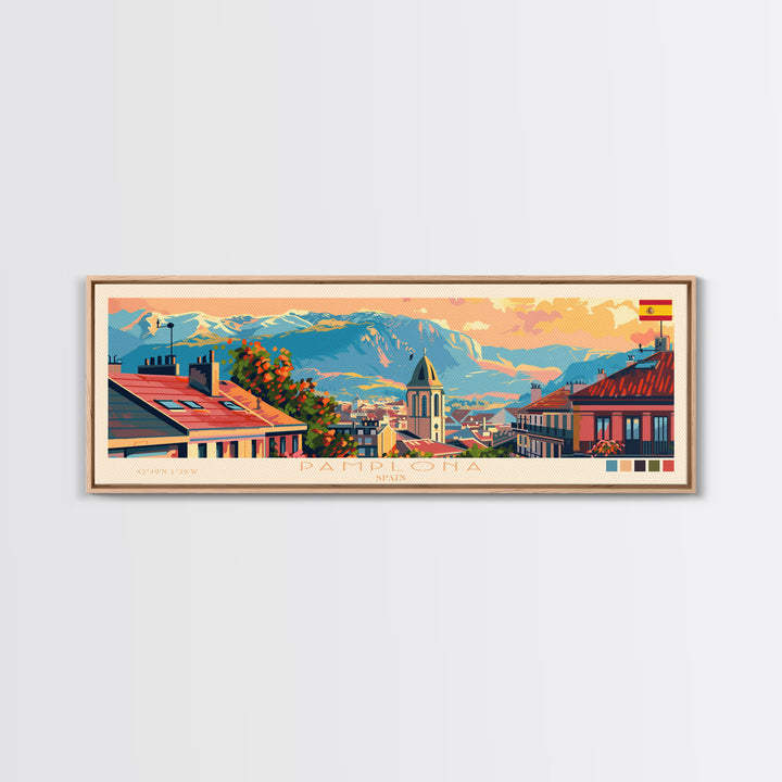 Pamplona Spain Panoramic Travel Poster, Framed Canvas Print or Metal Wall Art, Travel Art, Home Decor, Panoramic Painting, Midcentury Art