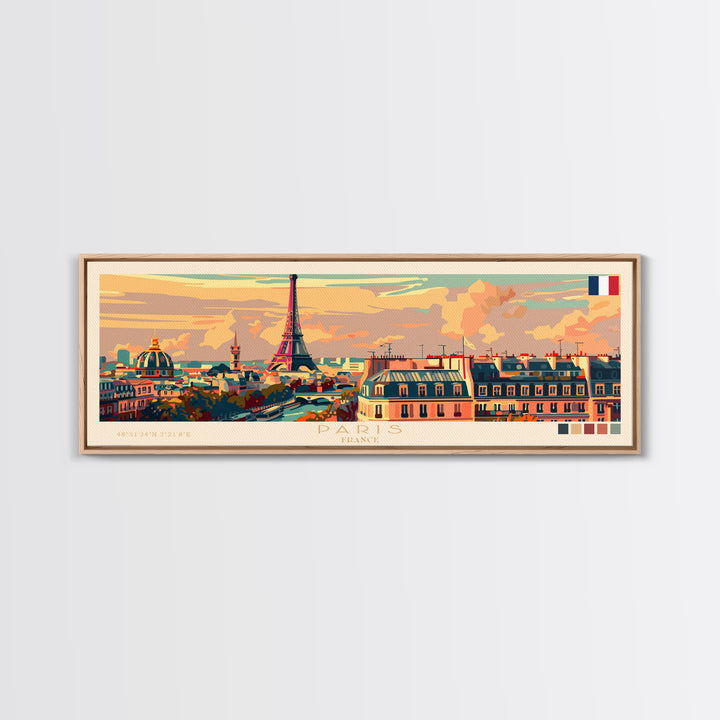 Paris France Panoramic Travel Poster, Framed Canvas Print or Metal Wall Art, Travel Art, Home Decor, Panoramic Painting, Midcentury Art