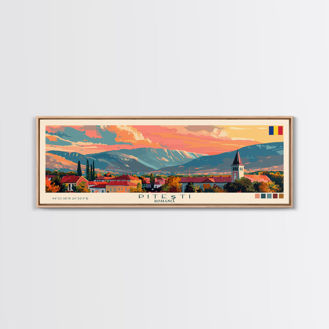 Piteti Romania Panoramic Travel Poster, Framed Canvas Print or Metal Wall Art, Travel Art, Home Decor, Panoramic Painting, Midcentury Art