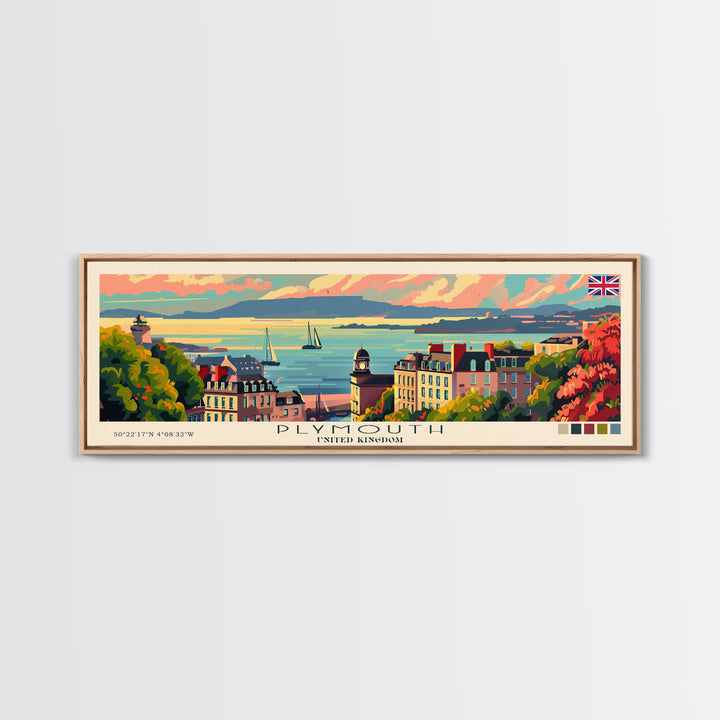 Plymouth United Kingdom Panoramic Travel Poster, Framed Canvas Print or Metal Wall Art, Travel Art, Home Decor, Panoramic Painting, Midcentury Art