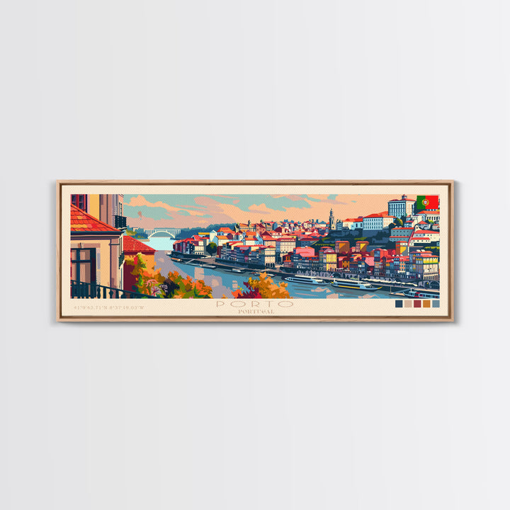 Porto Portugal Panoramic Travel Poster, Framed Canvas Print or Metal Wall Art, Travel Art, Home Decor, Panoramic Painting, Midcentury Art