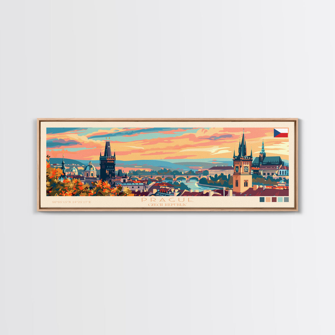 Prague Czech Republic Travel Art, City Art, Framed Canvas Print or Metal Wall Art, Europe Travel Poster, Panoramic Wall Art, Extra Wide Wall Art