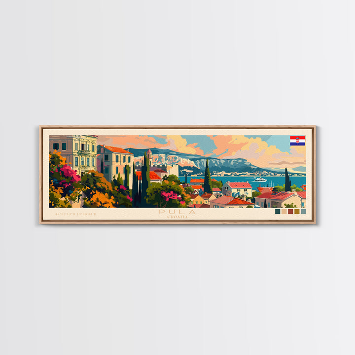 Pula Croatia Panoramic Travel Poster, Framed Canvas Print or Metal Wall Art, Travel Art, Home Decor, Panoramic Painting, Midcentury Art