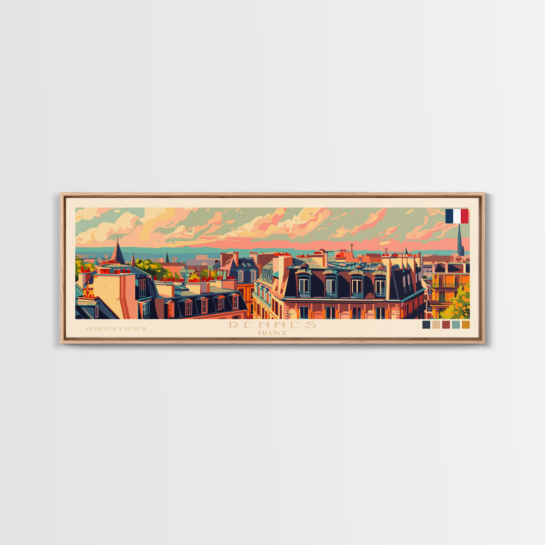 Rennes France Panoramic Travel Poster, Framed Canvas Print or Metal Wall Art, Travel Art, Home Decor, Panoramic Painting, Midcentury Art