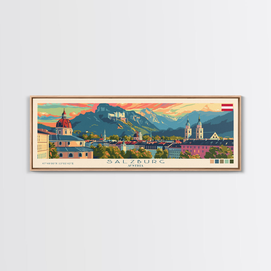 Salzburg Austria Panoramic Travel Poster, Framed Canvas Print or Metal Wall Art, Travel Art, Home Decor, Panoramic Painting, Midcentury Art