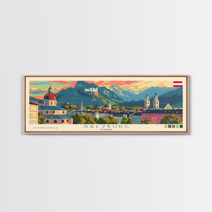 Salzburg Austria Panoramic Travel Poster, Framed Canvas Print or Metal Wall Art, Travel Art, Home Decor, Panoramic Painting, Midcentury Art