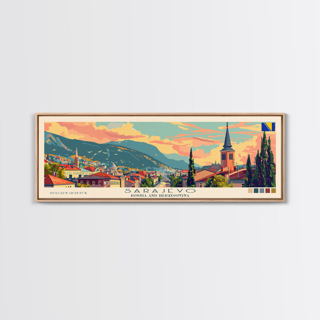 Sarajevo Bosnia Travel Art, City Art, Framed Canvas Print or Metal Wall Art, Europe Travel Poster, Panoramic Wall Art, Extra Wide Wall Art