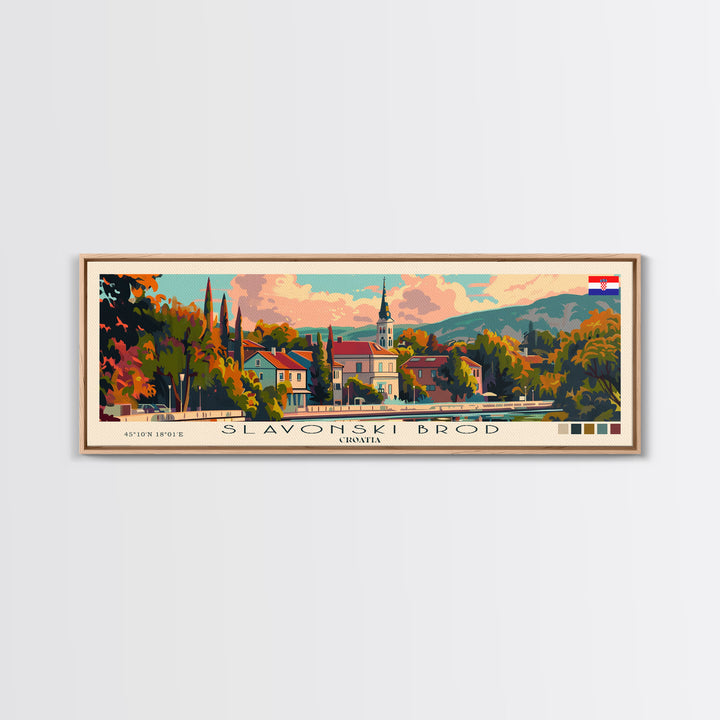 Slavonski Brod Croatia Panoramic Travel Poster, Framed Canvas Print or Metal Wall Art, Travel Art, Home Decor, Panoramic Painting, Midcentury Art