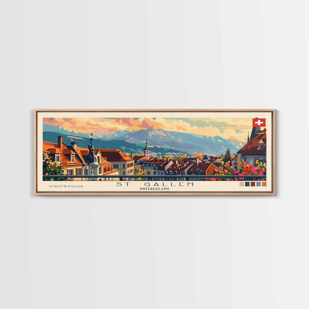 St. Gallen Switzerland Panoramic Travel Poster, Framed Canvas Print or Metal Wall Art, Travel Art, Home Decor, Panoramic Painting, Midcentury Art