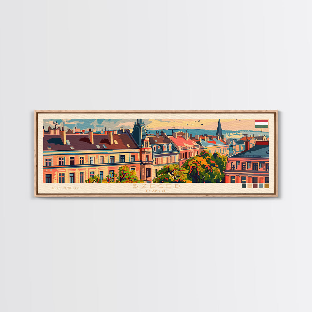 Szeged Hungary Travel Art, City Art, Framed Canvas Print or Metal Wall Art, Europe Travel Poster, Panoramic Wall Art, Extra Wide Wall Art