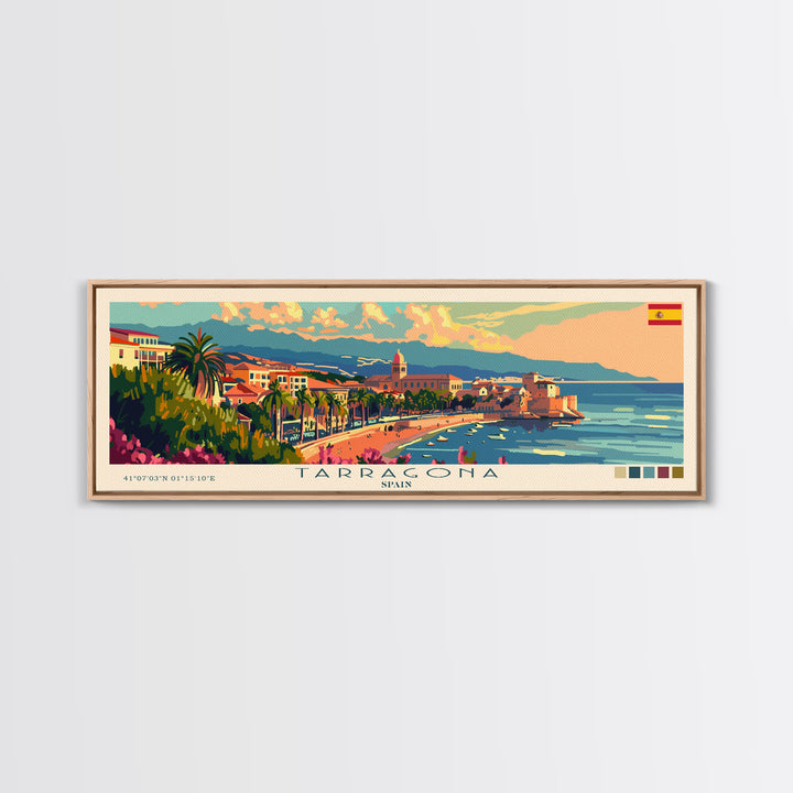 Tarragona Spain Panoramic Travel Poster, Framed Canvas Print or Metal Wall Art, Travel Art, Home Decor, Panoramic Painting, Midcentury Art