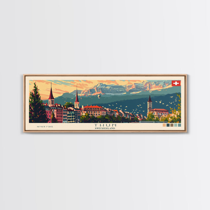 Thun Switzerland Panoramic Travel Poster, Framed Canvas Print or Metal Wall Art, Travel Art, Home Decor, Panoramic Painting, Midcentury Art