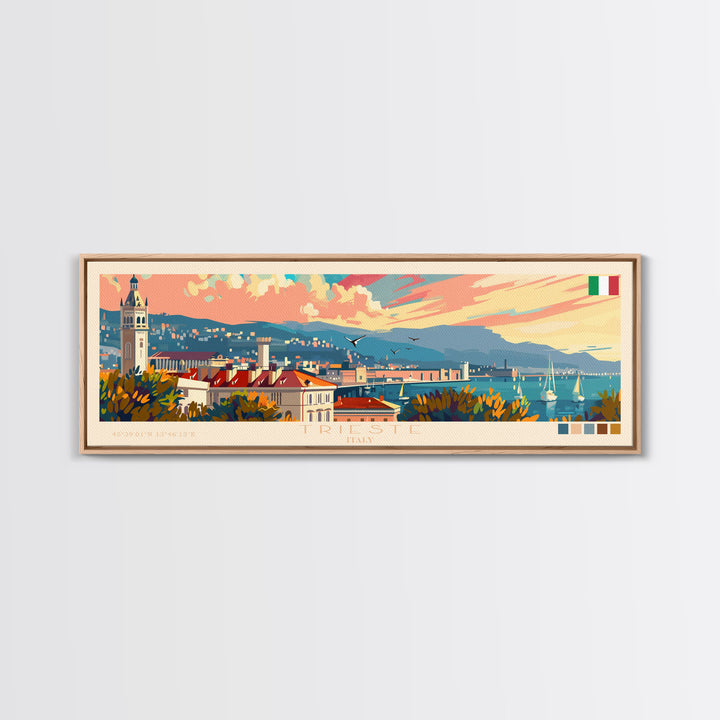 Trieste Italy Panoramic Travel Poster, Framed Canvas Print or Metal Wall Art, Travel Art, Home Decor, Panoramic Painting, Midcentury Art