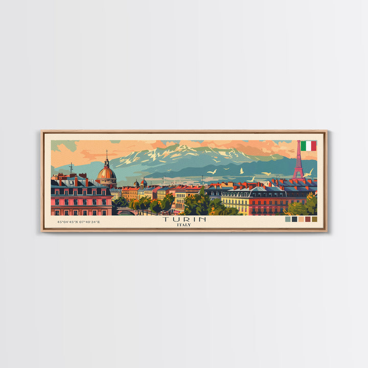 Turin Italy Panoramic Travel Poster, Framed Canvas Print or Metal Wall Art, Travel Art, Home Decor, Panoramic Painting, Midcentury Art