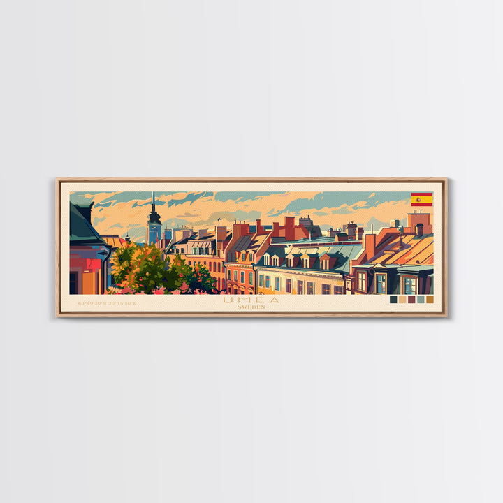 Ume Sweden Panoramic Travel Poster, Framed Canvas Print or Metal Wall Art, Travel Art, Home Decor, Panoramic Painting, Midcentury Art