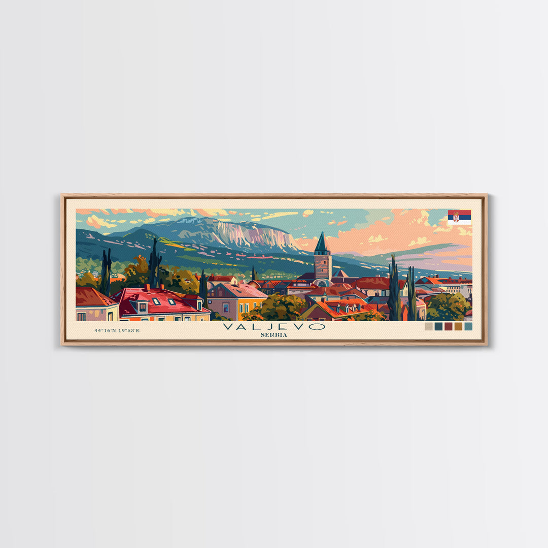 Valjevo Serbia Panoramic Travel Poster, Framed Canvas Print or Metal Wall Art, Travel Art, Home Decor, Panoramic Painting, Midcentury Art