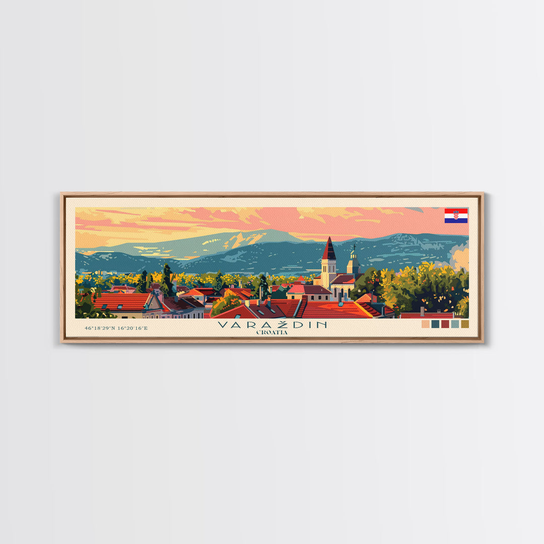 Varaždin Croatia Panoramic Travel Poster, Framed Canvas Print or Metal Wall Art, Travel Art, Home Decor, Panoramic Painting, Midcentury Art