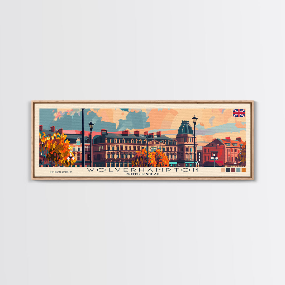 Wolverhampton United Kingdom Panoramic Travel Poster, Framed Canvas Print or Metal Wall Art, Travel Art, Home Decor, Panoramic Painting, Midcentury Art