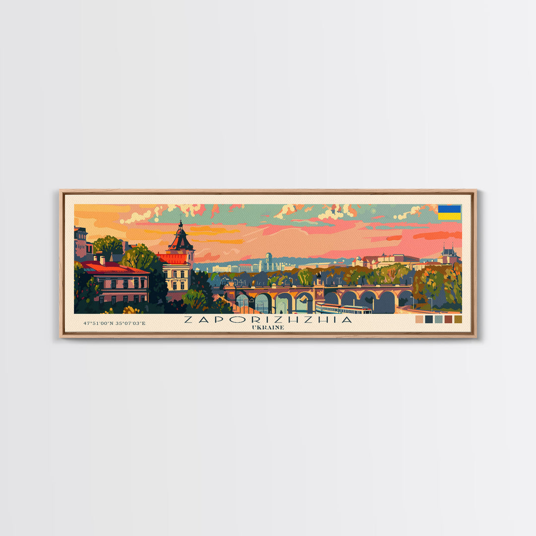 Zaporizhzhia Ukraine Panoramic Travel Poster, Framed Canvas Print or Metal Wall Art, Travel Art, Home Decor, Panoramic Painting, Midcentury Art