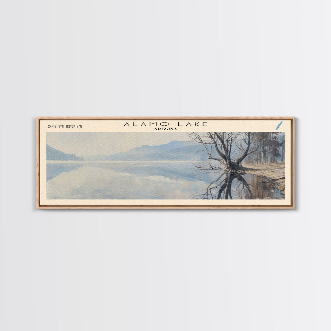 Alamo Lake Arizona Panoramic Framed Canvas Print, Lake House Decor, Minimalist Art, Travel Poster, Wood Wall Art, Scenic Painting