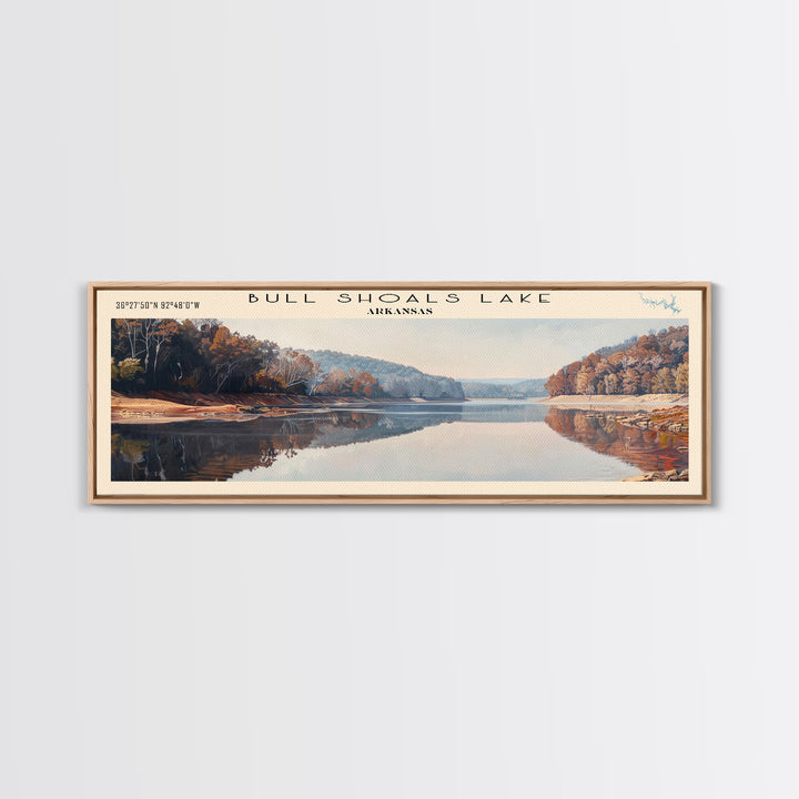 Bull Shoals Lake Arkansas Framed Canvas Print, Lake House Art, Panoramic Wall Art, Travel Poster, Rustic Lake Painting, Home Decor