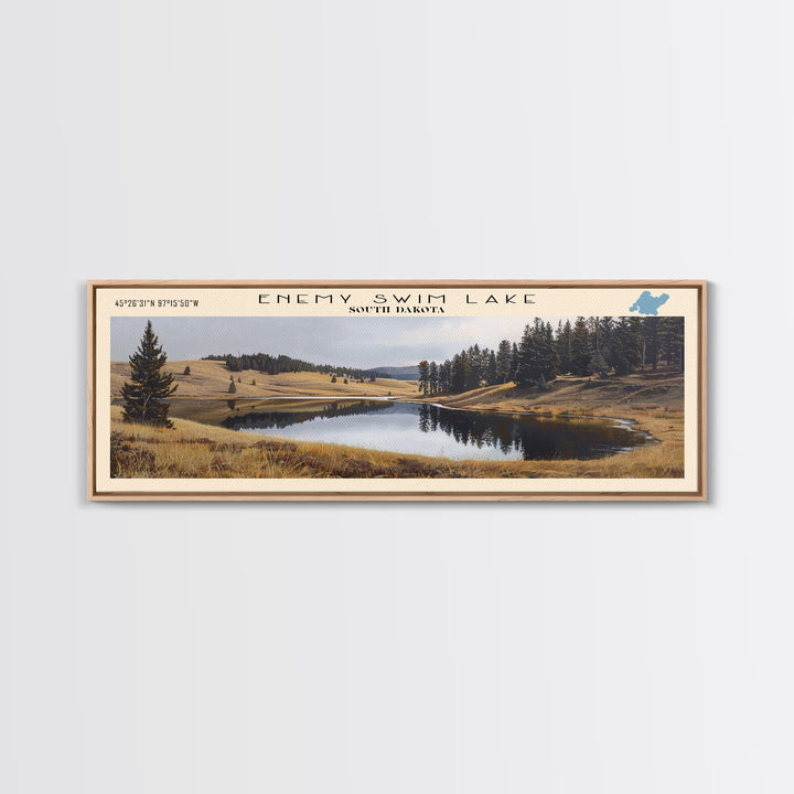 Enemy Swim Lake South Dakota Framed Canvas Print, Lake House Decor, Panoramic Wall Art, Travel Poster, Rustic Lake Painting, Home Decor