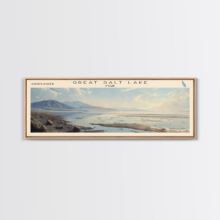 Great Salt Lake Framed Canvas Print, Panoramic Lake House Decor, Wall Art, Travel Poster, Vibrant Lake Painting, Nature Art