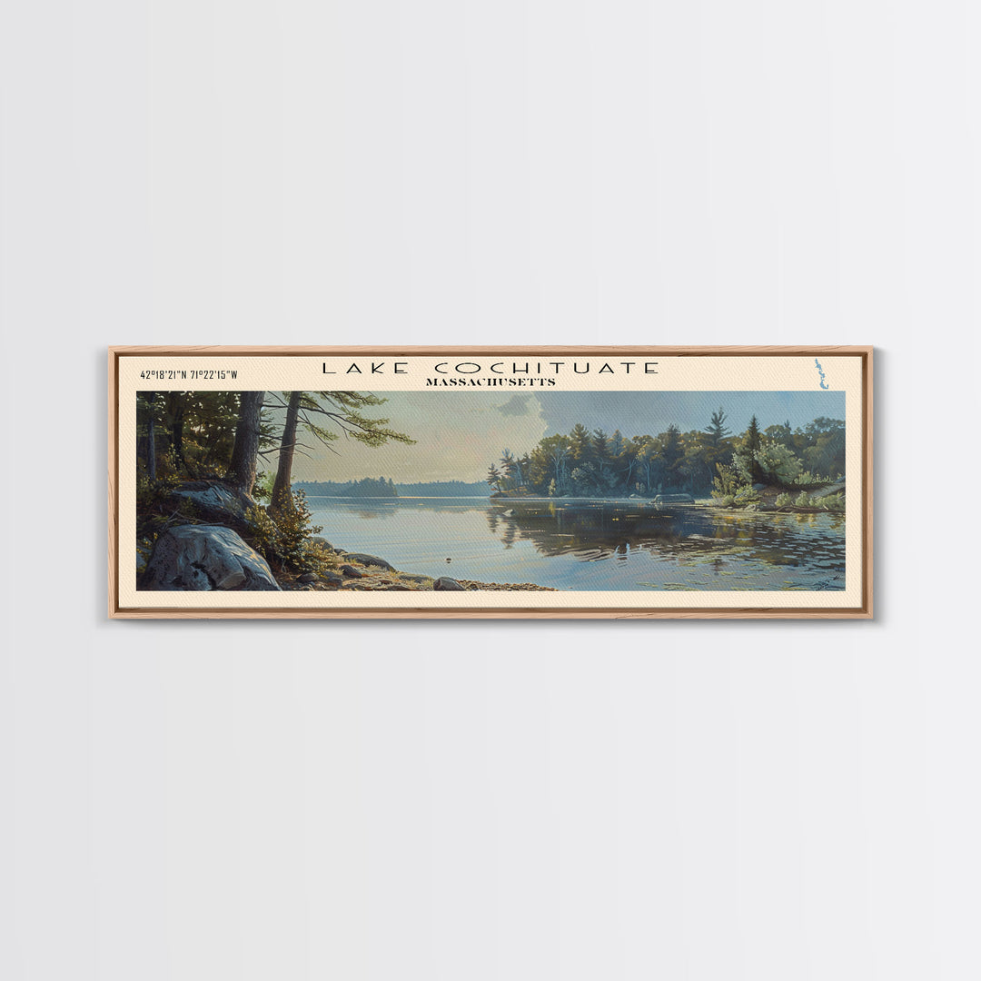 Lake Cochituate Massachusetts Framed Canvas Print, Lake House Decor, Panoramic Wall Art, Travel Poster, Beautiful Lake Painting, Nature Art