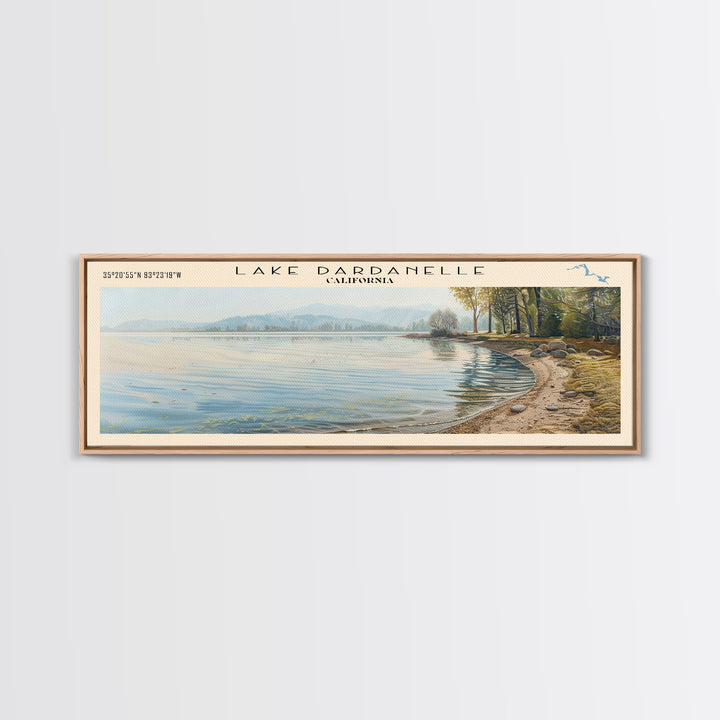 Lake Dardanelle California Framed Canvas Print, Lake House Decor, Panoramic Wall Art, Travel Poster, Scenic Landscape Painting, Nature Art