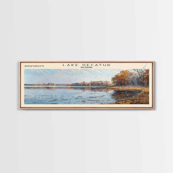 Lake Decatur Illinois Framed Canvas Print, Lake House Decor, Panoramic Wall Art, Travel Poster, Beautiful Lake Painting, Nature Art