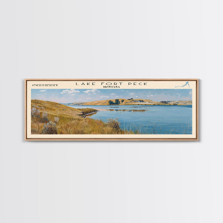 Lake Fort Peck Framed Canvas Print, Lake House Decor, Panoramic Wall Art, Travel Poster, Scenic Lake Painting, Nature Art