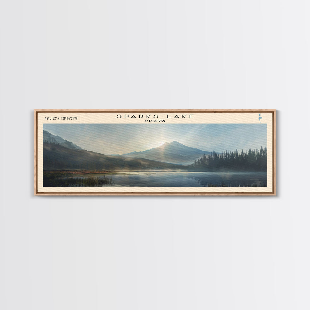 Sparks Lake Oregon Panoramic Framed Canvas Print, Lake House Decor, Wall Art, Travel Poster, Tranquil Landscape, Living Room Decor