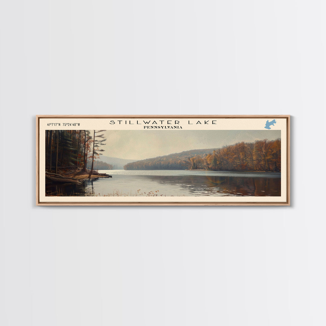 Stillwater Lake Pennsylvania Panoramic Framed Canvas Print, Lake House Decor, Wall Art, Travel Poster, Serene Lake Painting, Living Room Decor