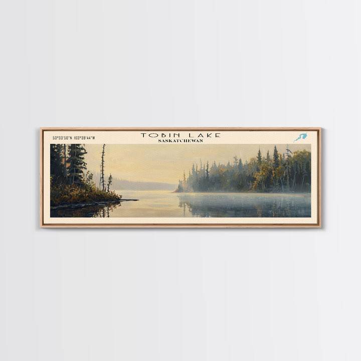 Tobin Lake Panoramic Wall Art, Framed Canvas Print, Lake House Decor, Travel Poster, Serene Landscape, Living Room Decor