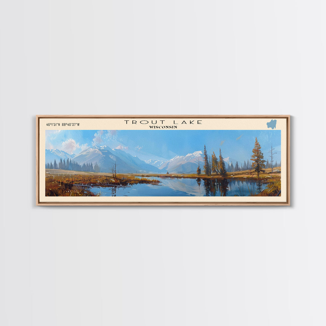 Trout Lake Panoramic Wall Art, Framed Canvas Print, Lake House Decor, Travel Poster, Scenic Landscape, Living Room Art