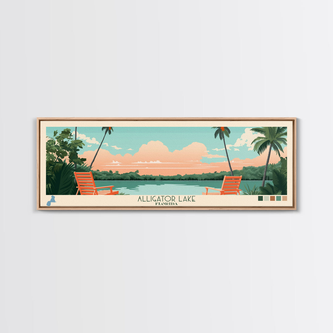 Alligator Lake Florida Framed Canvas Print, Panoramic Travel Poster, Pop Art, Midcentury Modern Wall Art, Scenic Bedroom Decor